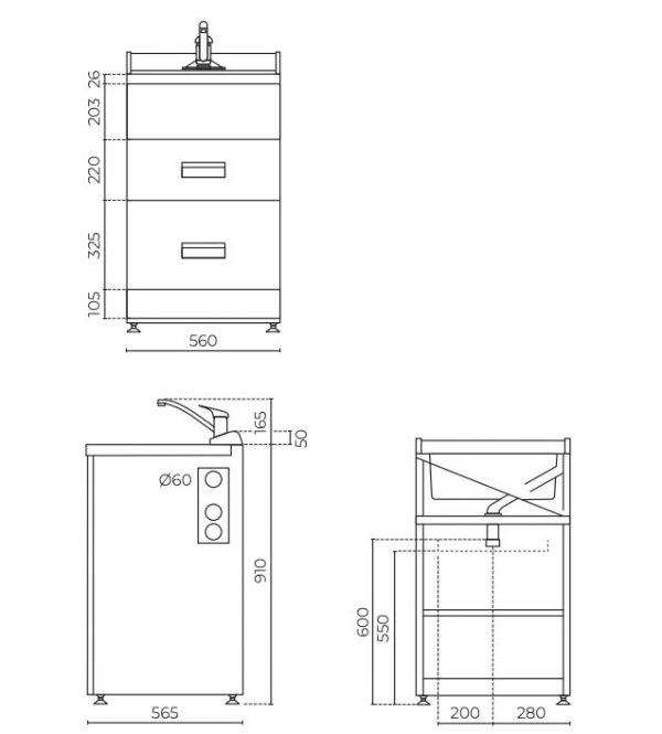 Le Vivi Hub Tub with drawers diagram