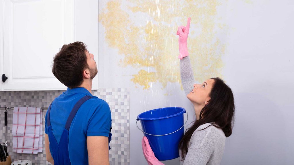 Woman talking to an employee of a reliable plumbing company while catching leaking water in a bucket