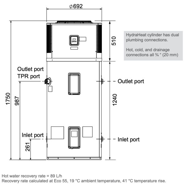 Rinnai HydraHeat® Heat Pump Dimensions (elevation)